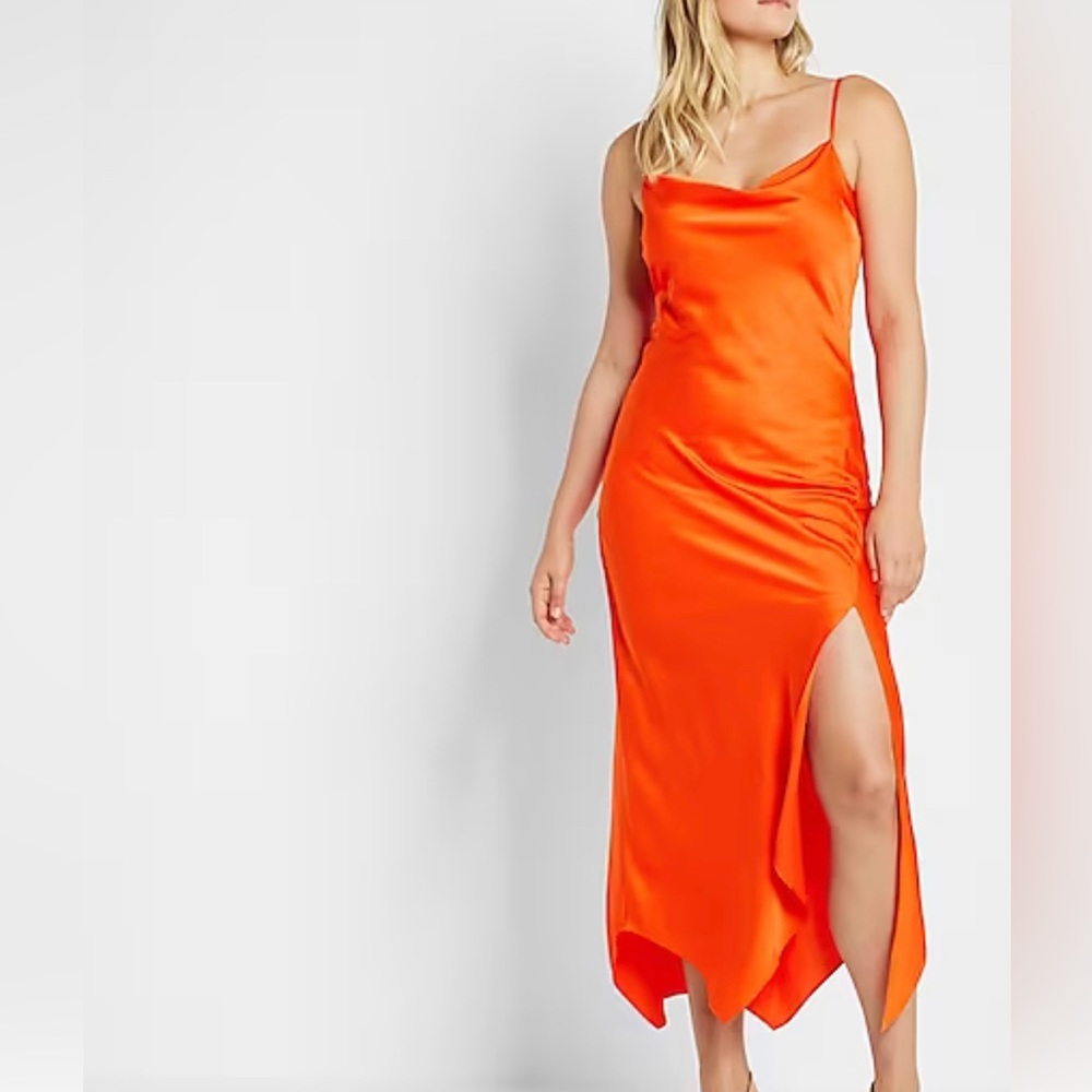 Satin Cowl Neck Asymmetrical Hem Maxi Slip Dress
